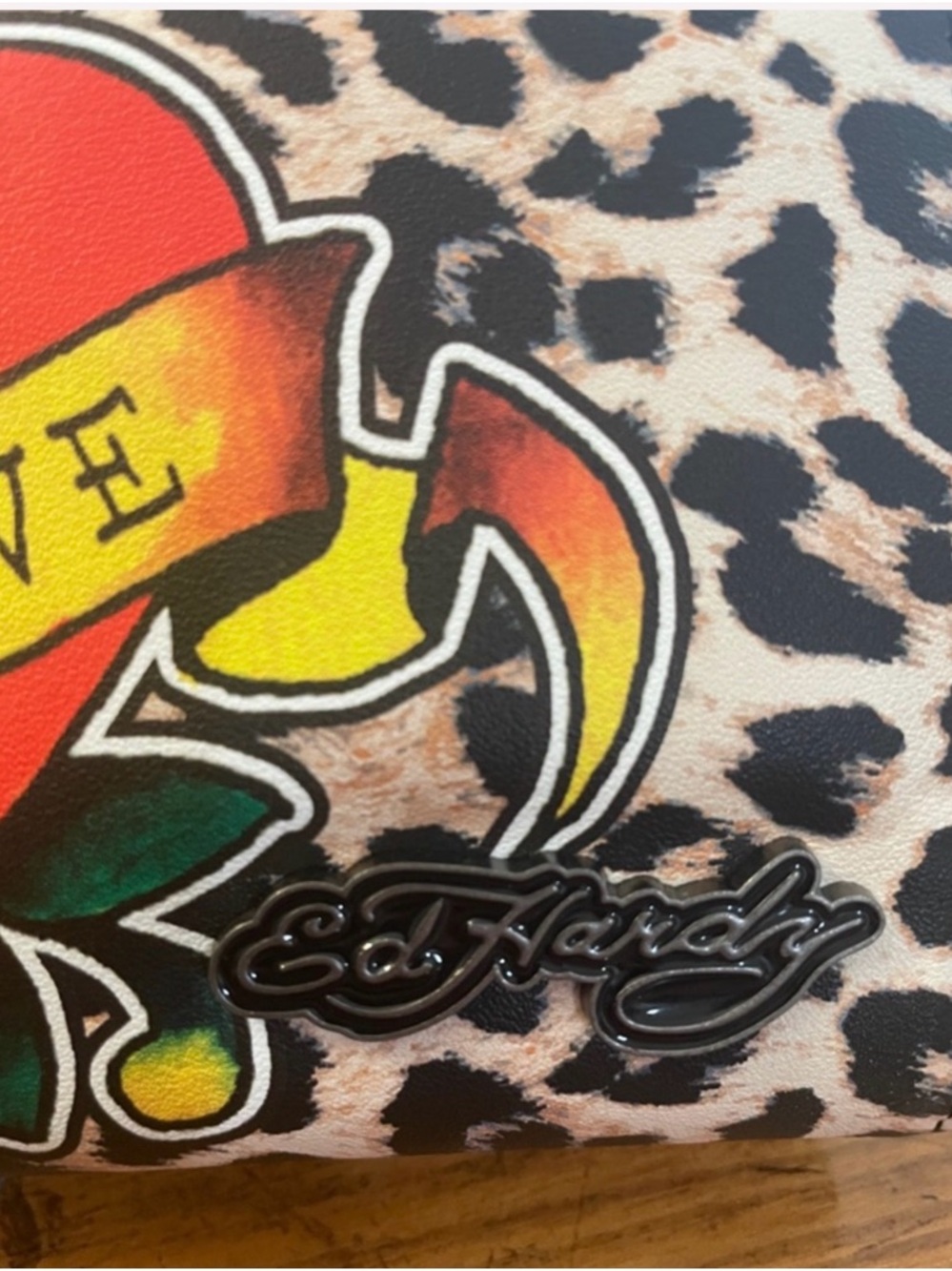 Ed Hardy Leopard Print Wristlet with Red Heart and Blue Flower - Picture 5 of 6